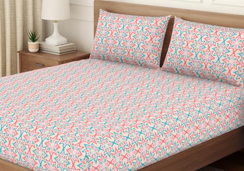 Image of Welspun ENZO Queen Size Fitted Bedsheet with 2 Pillow Covers | 360 Elastic | 100% Pure Cotton | 60 x 78 Inches | Soft, Breathable, Lightweight & Easy Care | Blush