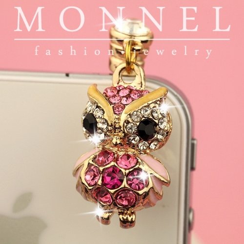 Monnel ip133 Pink Wise OWL Crystal 4 4s 3gs Android 3.5mm Ear Cap Anti Dust Plug Charm