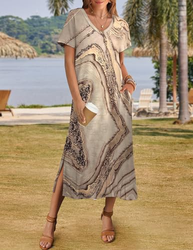 Image of Zeagoo Women Summer Floral Dress Short Sleeve Beach Dress with Pockets Casual V-Neck Split Long T-Shirt Dress Travel Vacation