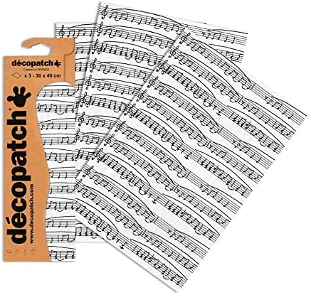 Décopatch - Ref C468O - Music Notes Paper Paper Pack - Each Sheet 30 x 40cm, Pack of 3 Paper Sheets - Best Used With Décopach Glue & Varnish, Black & WHite