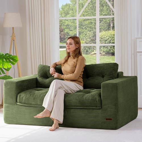 Image of MAXYOYO 63 inch Loveseat Sofa Couch for Small Spaces, Upholstered Boneless Cloud Couch for Apartment Bedroom, 2-Seater Love Seat Floor Modern Sofa with Pillows, No Assembly Required, Dark Green
