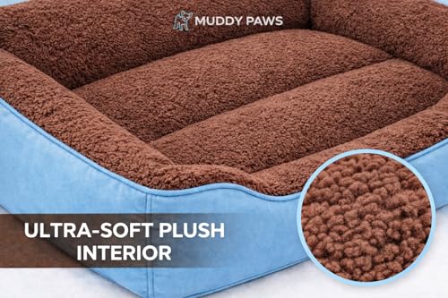 Image of MUDDY PAWS Reversible Sofa Style Dog Bed - XXL (95 x 73 x 22 cm) - Plush Fur Surface, Removable Cushion & Anti-Skid Base - Sky Blue & Brown
