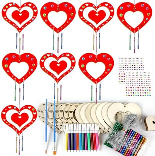 gisgfim 16 Pack Valentine's Day Wind Chime Kit Crafts for Make Your Own Red Heart Wind Chime Love Unfinished Wooden DIY Coloring Arts Craft for Home Valentines Hanging Decor Supply Favor image 5