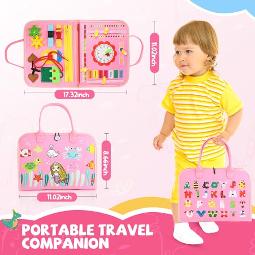Image of Toddler Busy Board, Montessori Sensory Toys for Boys, 1-4 Year Old Girl Toddler Travel Toys, Educational Learning Activities Board for Motor Skills, Birthday Gifts for Airplane Car, Pink