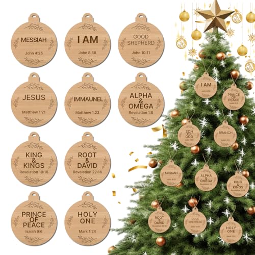 25 Pack Names of Jesus Christmas Ornaments, 2 Inch Wooden Religious Christian Christmas Ornaments for Christmas Tree, Wood Jesus Christmas Decorations with Savior Names