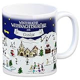 Die Tasse zeigt niedliche Weihnachtsmotive. Mit Wichteln, Geschenken, Rentieren, einem Schneemann, einem Weihnachtsmann, einem Weihnachtsmarkt und einer tollen Weihnachtsstimmung.