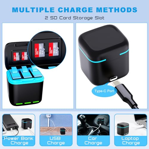 Image of Battery Charger Kits for Hero 12 /11 /10 /9, 3-Pack 2000mAh Battery