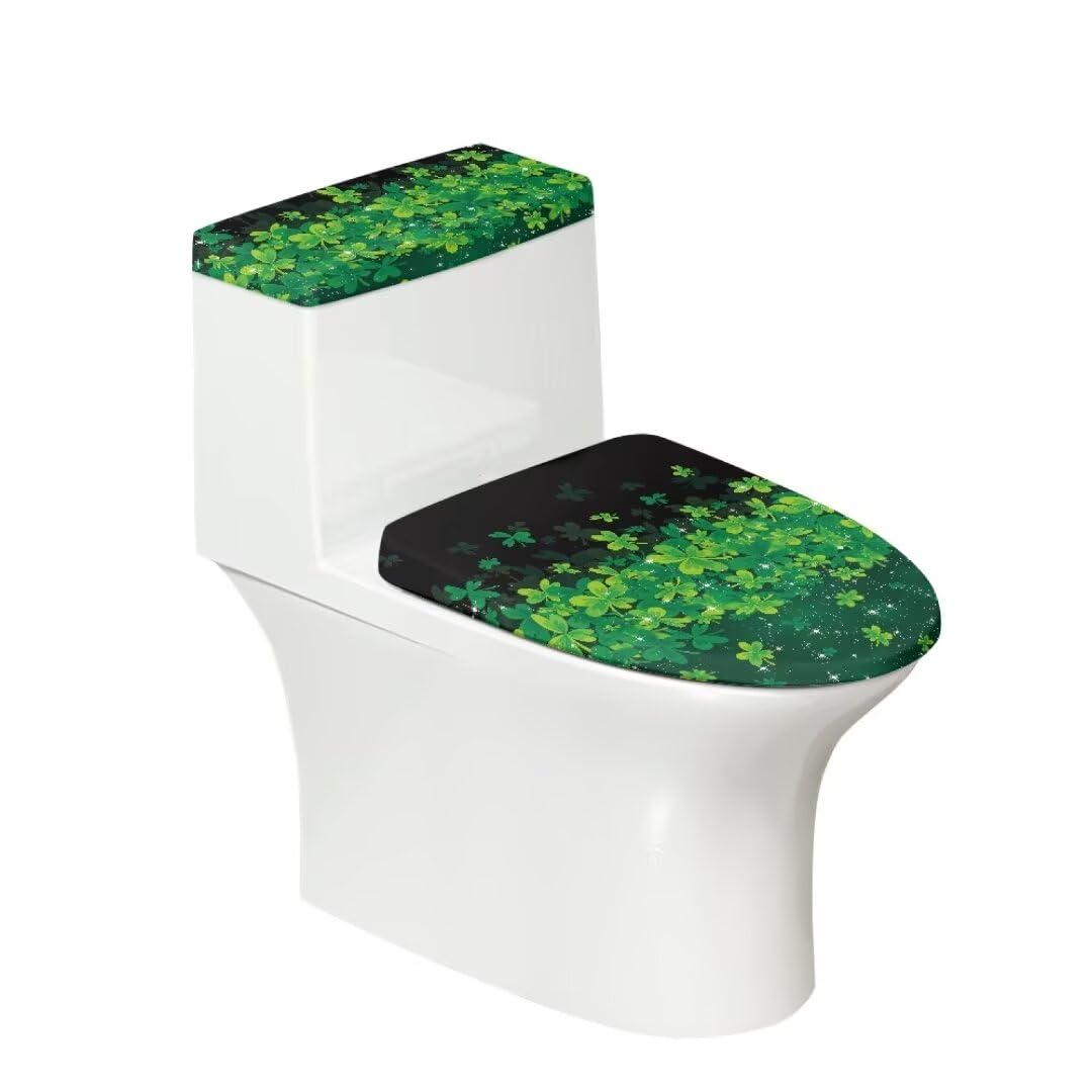 FUIALDOLG Toilet Seat, Green, Polyester, Eclectic Style, Four Leaf Clover Decoration, Anti-Slip Elastic Edge, Machine Washable — image 1
