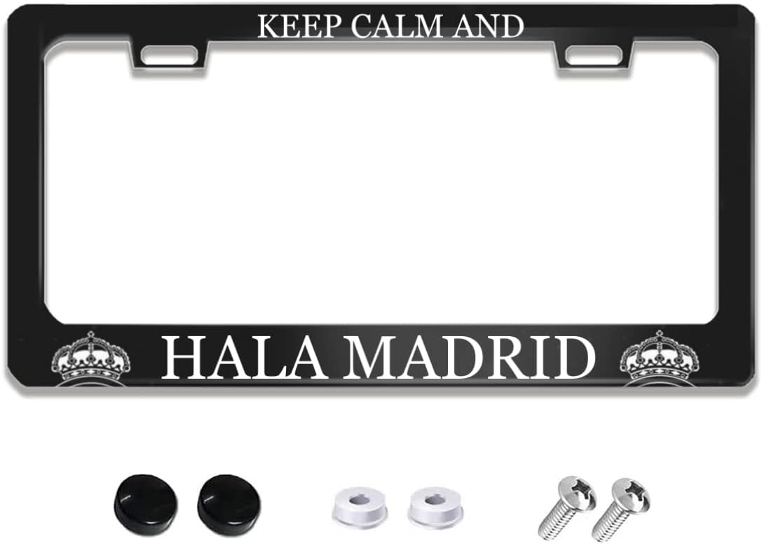 Keep Calm and HALA Madrid Humor Funny Black Aluminum Metal License Plate Frames Auto Car Tag Holder 12x6 inch