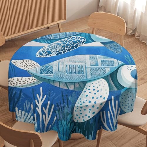 asbwuo Mantel Redondo Abstracto de Peces y Estrellas de mar, Lavable, con Forma de Concha de Coral y, Ideal para Cocina, Comedor, Exteriores y decoración navideña. 60 Pulgadas.