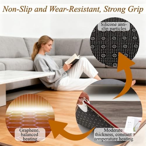 Electric Heated Area Rug - Radiant Floor Heater with Adjustable Temperature & 12-Hour Timer, Perfect for Indoor Living Room or Office, Large 140 x 200 cm Size