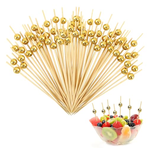 VINEST 200 Piezas Palillos para Aperitivos, Brochetas Chuches Comunion Desechables, Palillos Tarta Chuches con Cuentas Redondas, Palillos de Dientes de Bambú para Frutas Aperitivos Tentempiés(Dorado)