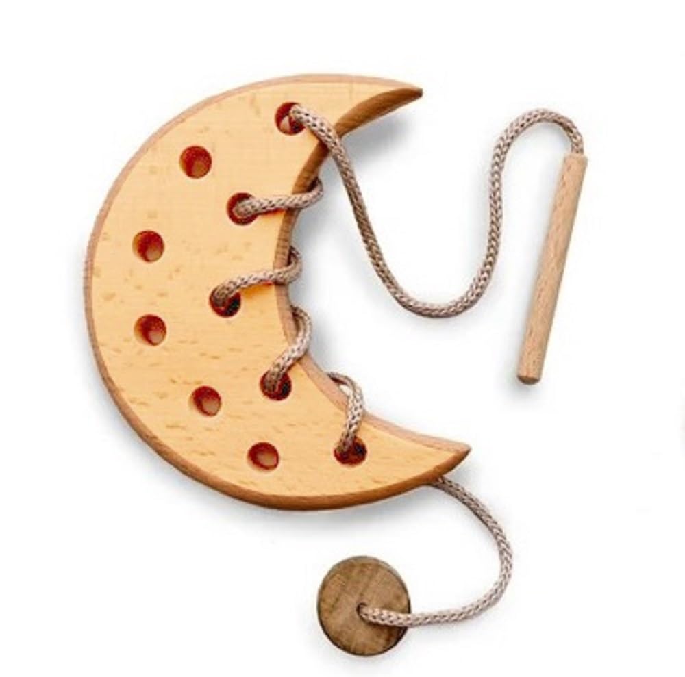 XSOURCE Wooden Lacing Toy for 2 Years Toddler Skills Development Toy for Toddlers Montessori Materials for Learning Sewing Kit for Kids Montessori Toys (Moon, Beige)