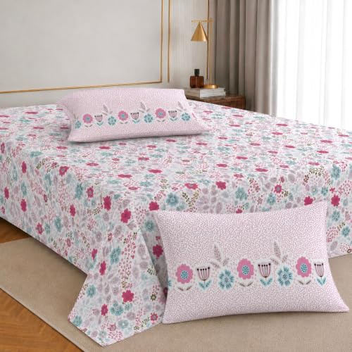 Image of Jaipur Weaves Cotton King Size Bedsheet 108x108 Super King, 100% Pure Cotton Bed Sheet with 2 Pillow Covers, 240 TC Soft Breathable Floral Design Bedding - (Pink Harmony, Super King)