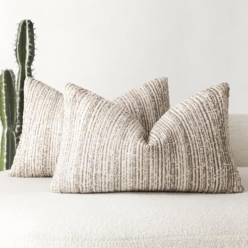 Image of Foindtower Set of 2 Faux Fur Textured Modern Throw Decorative Pillow Covers Lumbar Accent Striped Cushion Sherpa Boho Farmhouse Pillowcase for Couch Sofa Living Room Home Decor 12x20 Inch,Light Taupe