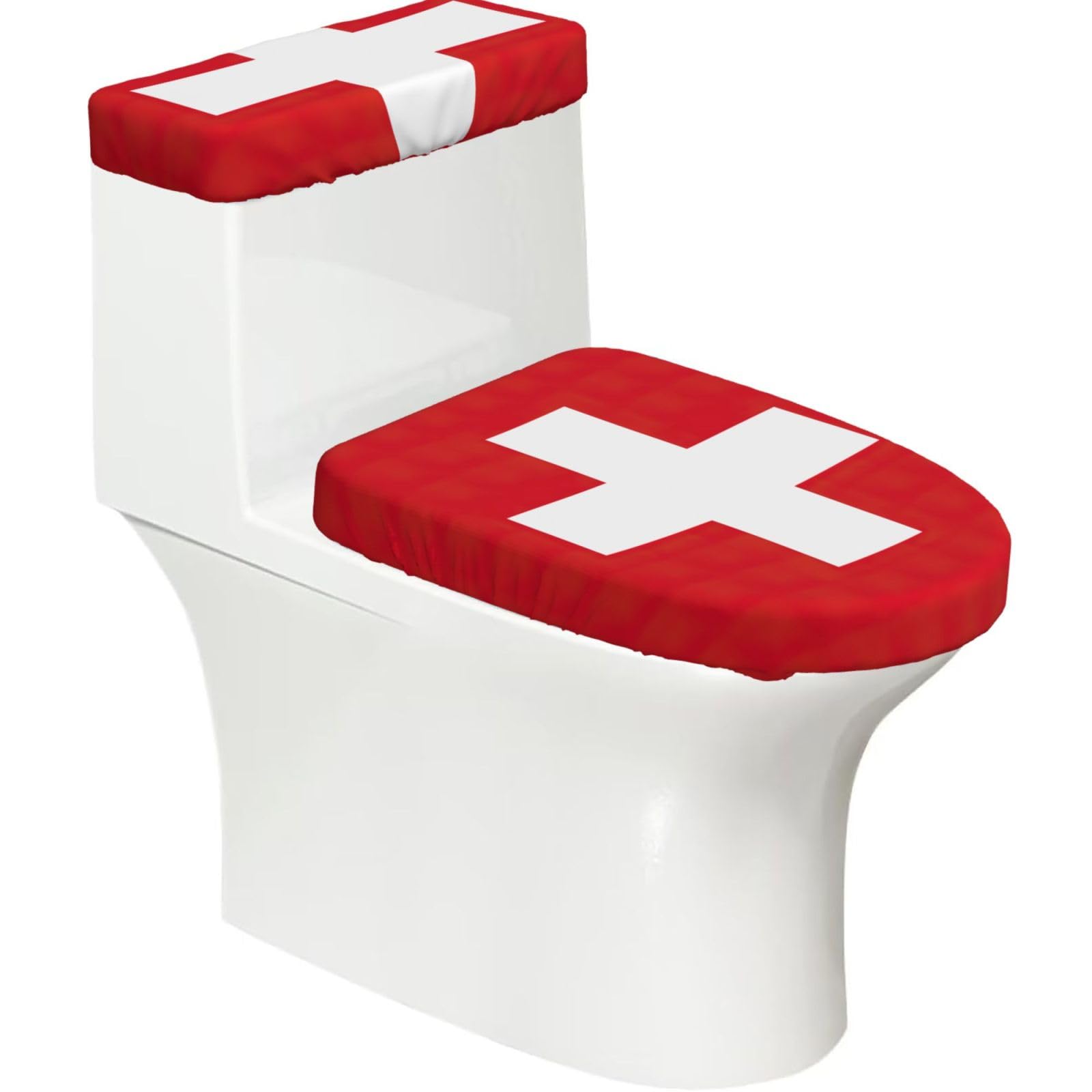 Swiss Flag Print Bathroom Decor Toilet Lid Cover And Tank Covers, Restroom Accessories Fits Most Round