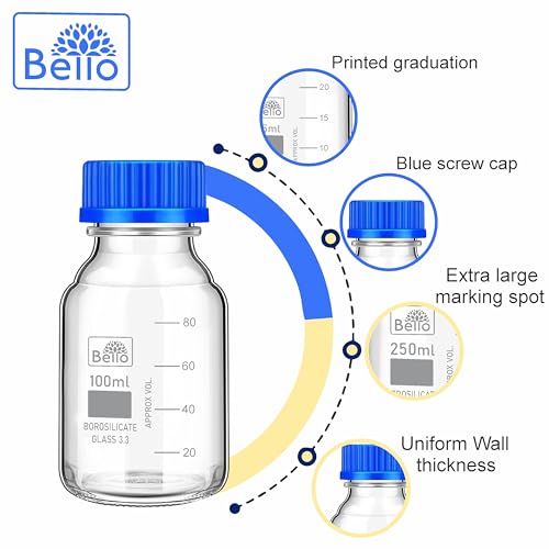 Image of Bello Borosilicate Glass reagent bottle 100ml with leak proof Blue Screw Cap pack of 6pcs for glassware wide mouth sample bottles for lab, laboratory, kitchen and professional use