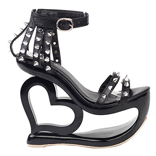 SHOW STORY Punk Black Spikes Strappy Heart Heel Wedge Evening Sandals,LF40204