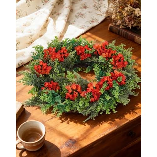 20 Inch Artificial Dragon Beard Flower Wreath, Greenery Wreath for Front Door, Porch, Wall, Indoor Outdoor Home Decor, Year-Round Accent for Farmhouse