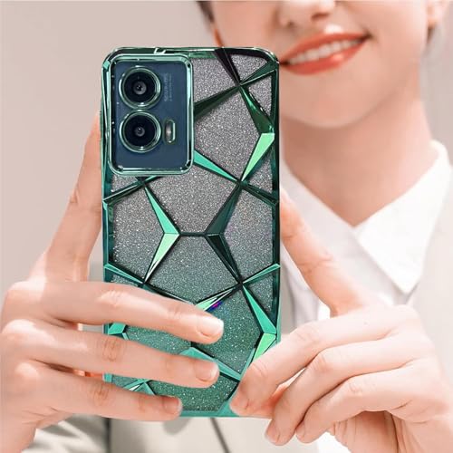 Image of VONZEE Gradient Glitter Case for Moto Edge 50 Fusion /Moto G96, Luxury Electroplated 3D Cube, Diamond Bling Shiny Soft TPU Clear Shockproof Case Women Girls Protective Phone Cover (Green)