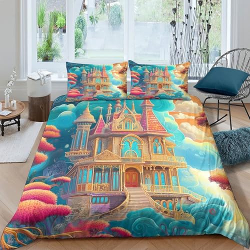 Housse de couette château 3D anti-plis et lavable pour lit enfant double