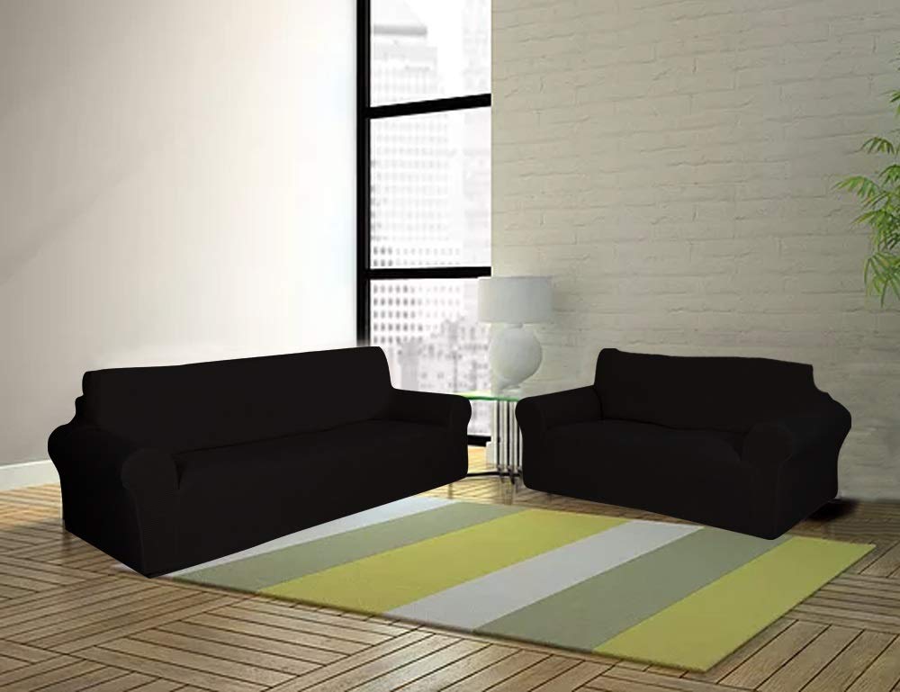 Sapphire Home2-Piece SlipCover Set for Sofa Loveseat Couch, Form fit Stretch, Wrinkle Free, Furniture Protector Cover Set for 3/2 Cushions, Polyester Spandex, 2pc Slipcover Set, Black