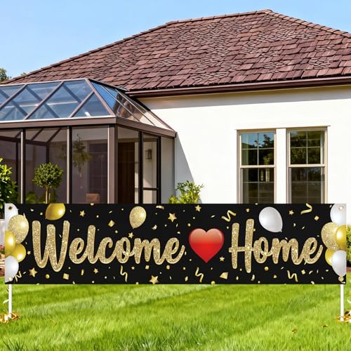Welcome Home Backdrop Banner,Black Gold Welcome Home Banner Background
