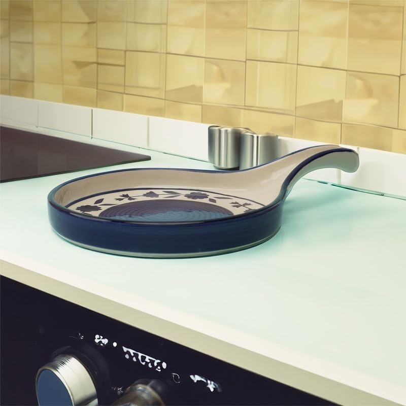 Claymistry Ceramic Dinner & Snacks Round with Handle Tray | 33cm * 21cm * 3cm | Glossy Finish | Dishwasher & Microwave Safe | Dinnerware Serving Plate Thali Platter (Blue & White, Set of 1)