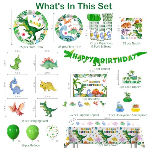 Image of 206Pcs cocomigo Dinosaur Birthday Decorations Tableware Set, 25 Serves