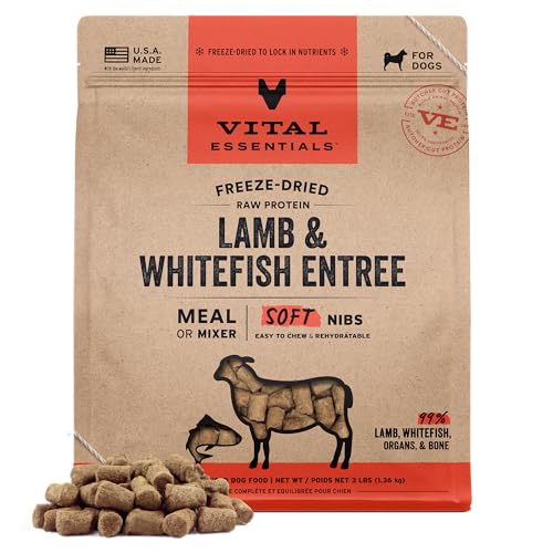 Image of Vital Essentials Freeze Dried Dog Food, Lamb & Whitefish Nibs, 3 lb Bag | Soft, Complete Meal or Topper, Made With 99% Lamb, Whitefish, Organ & Bone, High Protein Raw Nutrition, Grain-Free Recipe