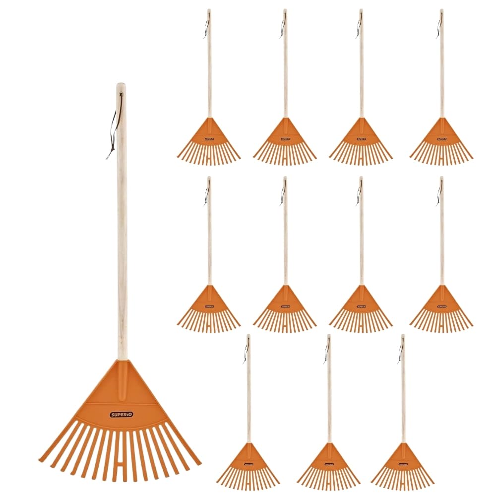 Superio Kids Leaf Rake, 34-Inch Lawn Rake with Hardwood Handle &amp; Durable Plastic Head for Yard, Garden &amp; Leaf Cleanup, Orange, 12 Pack