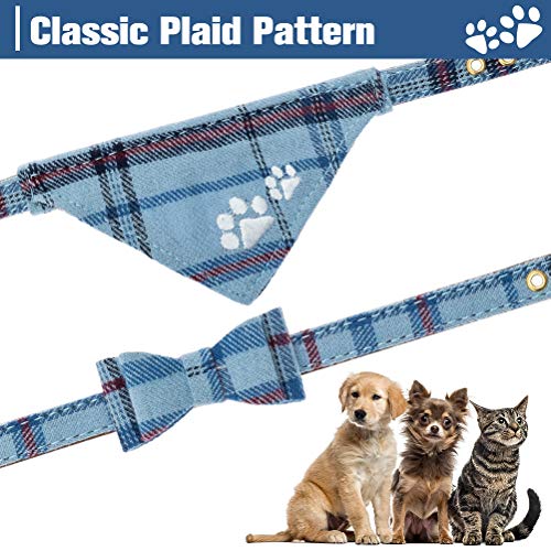 EXPAWLORER Stickerei Hundehalsband mit Leine - Verstellbarer Hundehalsband und Leine Set, weicher schöner Hundehalsband mit Tuch und Schleife, modernes Design ideal für Katzen und Hunde, Blau S