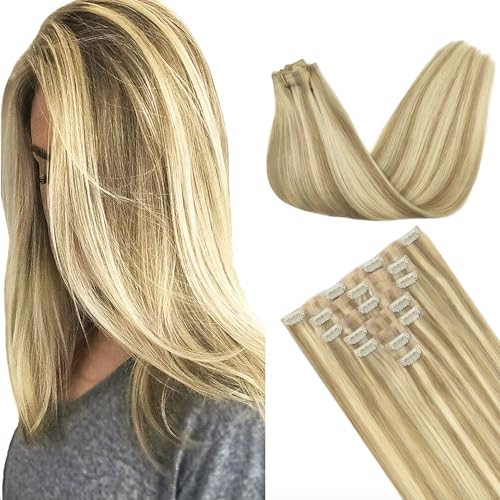 Image of GOO GOO Clip in Hair Extensions Real Human Hair, Remy Human Hair Extensions Clip ins for Women, Natural Human Hair, 20inch 130g 7Pcs, #16 /22 Light Blonde Highlighted Golden Blonde
