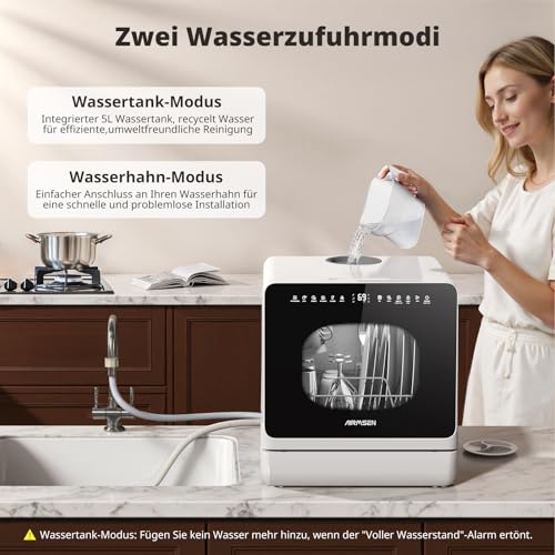 AIRMSEN Mini Geschirrspüler, Tischgeschirrspüler, Mini Spülmaschine mit 8+3 Programmen, 5L Tank, Enthärtungssystem, 1–18 Std Startverzögerung & Kindersicherung