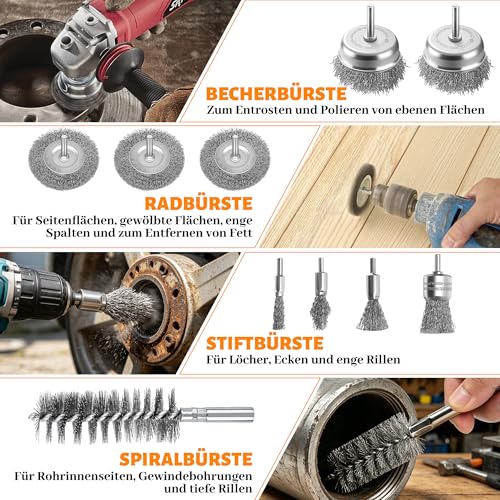 10-Teilig Drahtbürsten Set für gründliche Reinigung 1/4-Zoll-Schaft