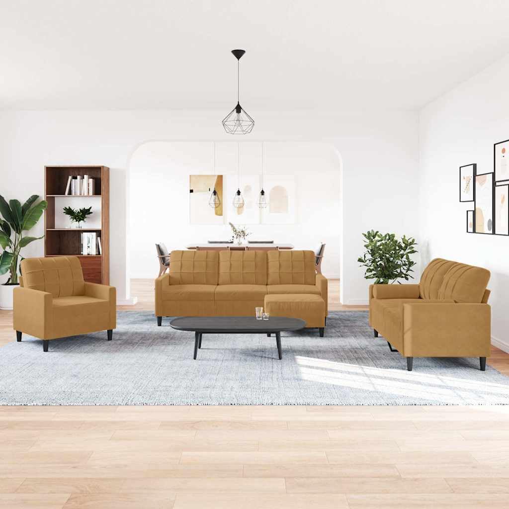 Juego de 4 sofás de terciopelo marrón, acolchado suave, con sillón, sofá de 2 plazas, sofá de 3 plazas y reposapiés, estructura de metal resistente, para salón, oficina, recepción, etc