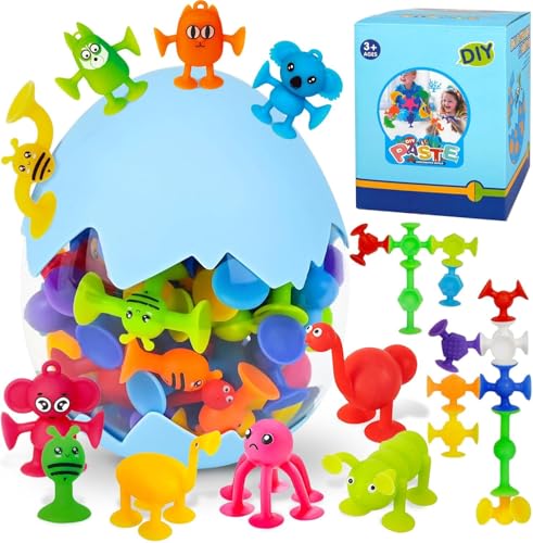 Giocattolo in Silicone con Ventosa, Giochi Bagnetto Neonato, 48 Pezzi Giocattolo a Ventosa in Silicone, Giocattolo Sensoriale da Viaggio Giocattoli Bagno Educativi Regalo per Bambini 3-8 Anni