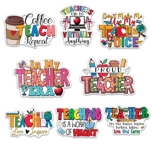 Image of Teacher Sticker 8 Pcs (Large Size) Vinyl Stickers Laptop Waterproof Decal for Car Bumper Water Bottle Notebook Luggage Window Funny Party Birthday Decorations - Size 4 Inches