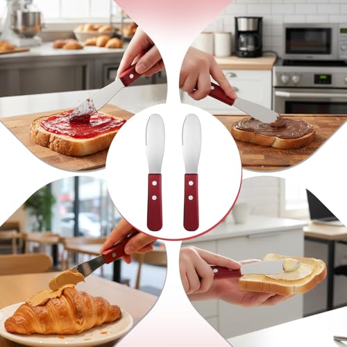 Tucnoeu 2pcs Stainless Steel Butter Spreader Knife with Wooden Handle, Long Handle Red & Steel Color, Kitchen Tools for Sandwich Cream Condiments - Thumbnail 6