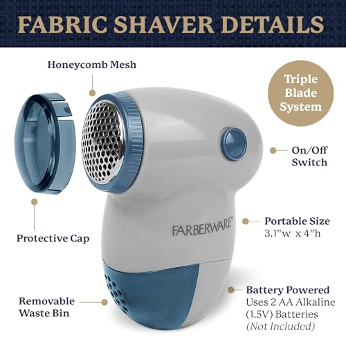Image of Farberware Fabric Shaver & Lint Remover for Clothing, Small, Portable | Triple blade sweater shaver removes pilling, fuzz, and lint balls from clothes, couch, and furniture, battery operated