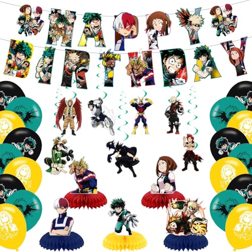 My Hero Academy Party Decorations Cartoon Anime Birthday Party Supplies For Party Supplies Includes Banner - Swirls- Table Centerpieces - 18 Balloons