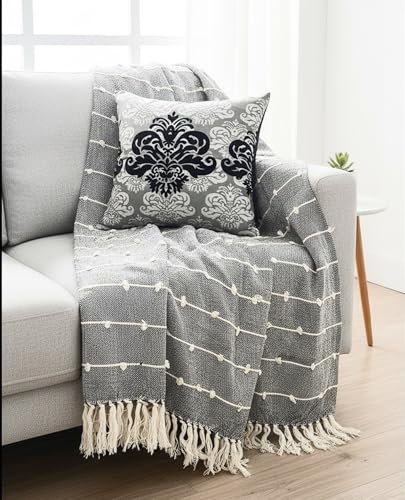 Image of SAJAVAT HOME Soft Cotton 3 Seater Sofa Throw with Cushion Covers | 80x52 Inches (204x132 Cm) | Hand-Knitted Black Throw & Silk Cushion16x16 for Sofa, Bed, Chair & Travel | Pack of 1