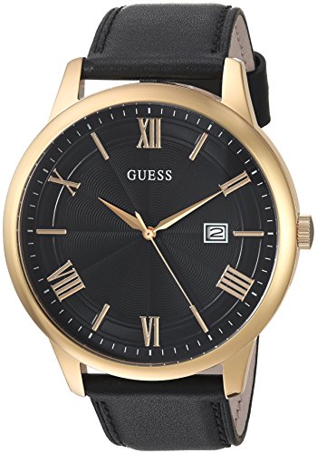 GUESS Oversized Classic Black Genuine Leather Watch with Date. Color: Black/Gold-Tone (Model: U0972G2)