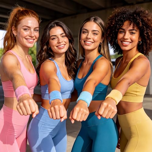 Image of WILLBOND 8 Pack Wrist Sweatbands Sports Wristbands Tennis Sweatbands Neon 80s Thick Cotton Gymnastics Sweat Band Athletic Football Soccer Sports Wristband for Men Women Party