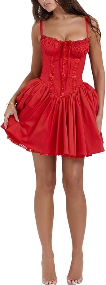 Eternatastic Womens Lace Mini Corset Dress Sleeveless Square Neck Bustier A-line Dresses