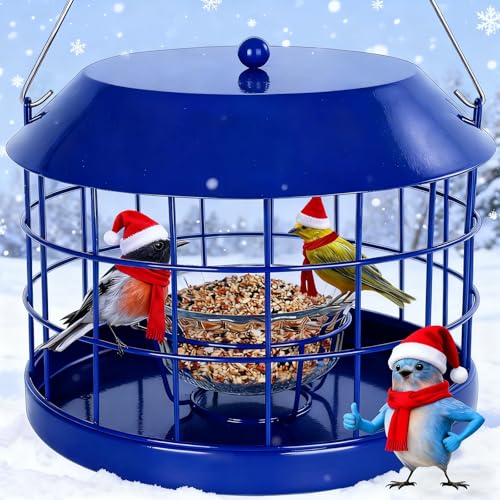 Gbekery Caged Bluebird Feeder for Mealworms with Glass Bowl, Squirrel Proof Bird Feeder for Small Birds Only, Detachable Hook, Large Space, Outdoors Weatherproof, Metal, Blue