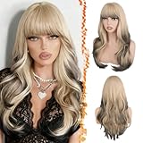 BARSDAR ブロンド オンブレ ブラウン レイヤード ウィッグ 前髪付き - 24 インチ ブロンド オンブレ レイヤード 三毛髪ウィッグ 女性用 - 自然に見える厚く柔らかい波状合成層 ヘアカット フリンジ付き デイリー