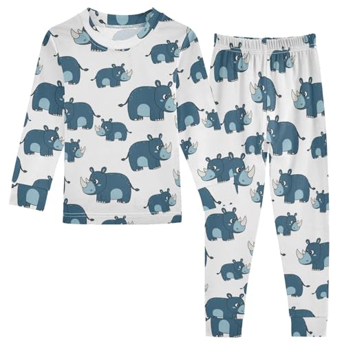 Pajama Sets Long Sleeve Blue Rhino Pattern Print Soft Comfy Sleepwear 2 Piece PJS 3-8T