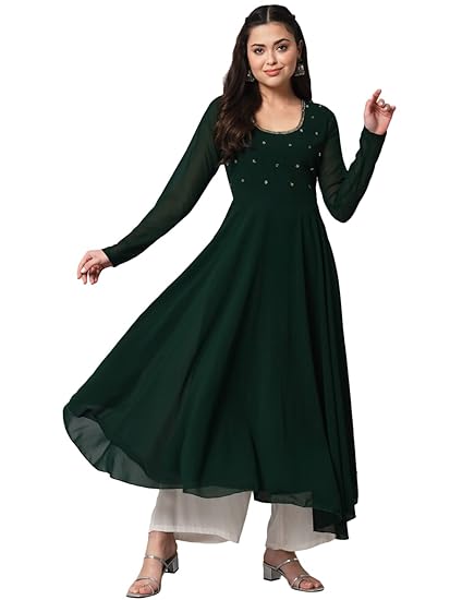 Women Georgette Hand Embroidery Round Neck and Front Yoke Anarkali Kurta