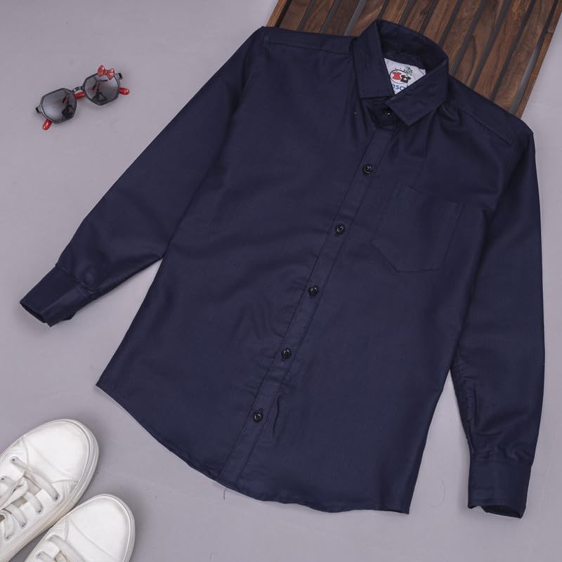 Image of Boy's Kids Regular Fit Solid Pattern Cotton Shirt with Pocket Collared Neck Long Sleeve Button Down Closure Type and Standard Length | Boys Cotton T-Shirts Set | Shirt for Boy